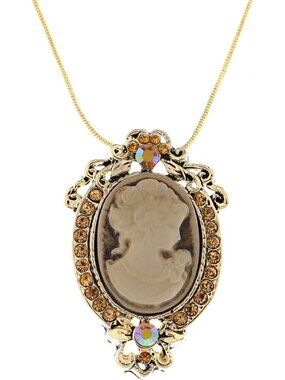 Vintage Inspired Rhinestones Cameo Lady Victorian Maiden Pendant Necklace